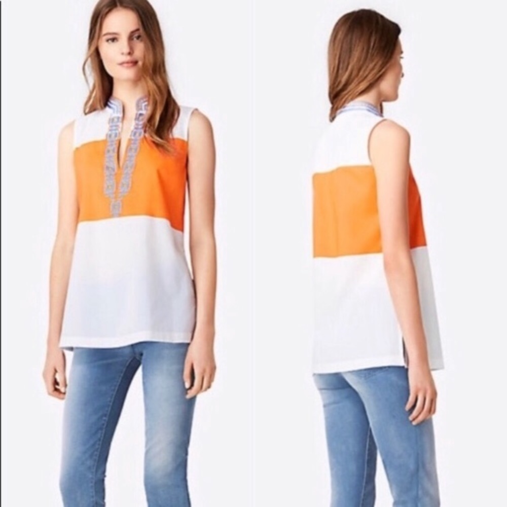 Tory Burch White and Orange Sleeveless Tunic Top